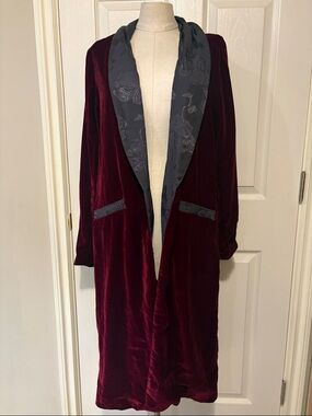 Free People Burgundy Velvet Long Coat with Black Floral Shawl Collar